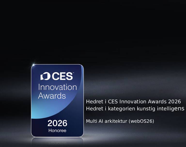 "Merket «Hedret i CES Innovation Awards 2026» vises på en mørk bakgrunn. Multi AI arkitektur er anerkjent i kategorien kunstig intelligens.	"
